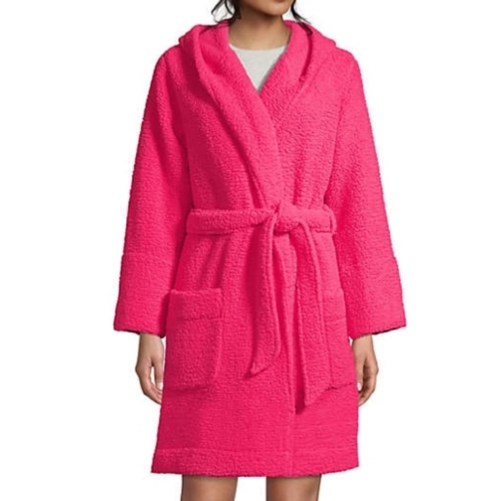 L.L. Bean Plush Hooded Robe in Bright Pink